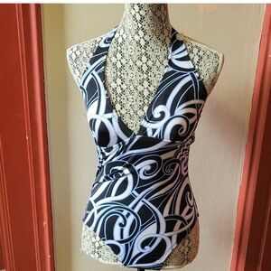 Speedo Black and White Swirl Halter Top 1-PC Swimsuit SZ 8